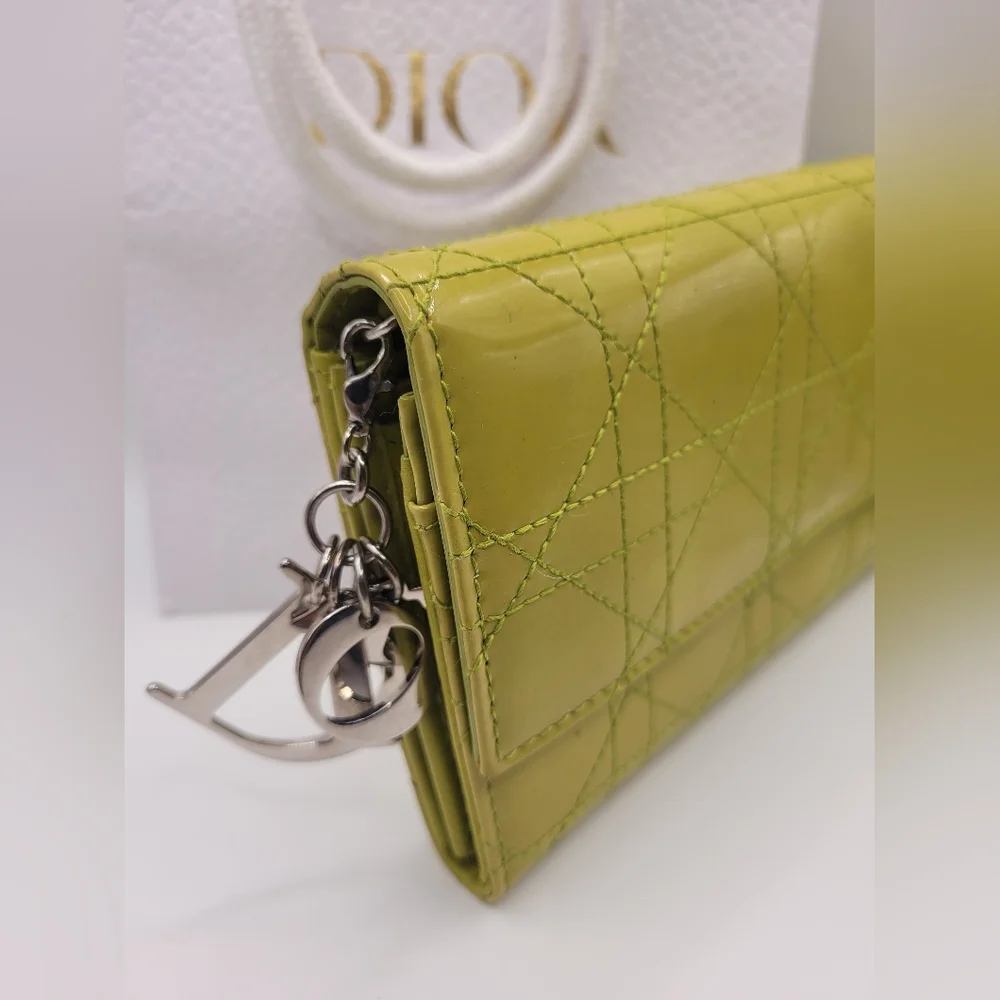 Lady Dior Lotus Cannage Neon Yellow Patent Calfskin Long Wallet